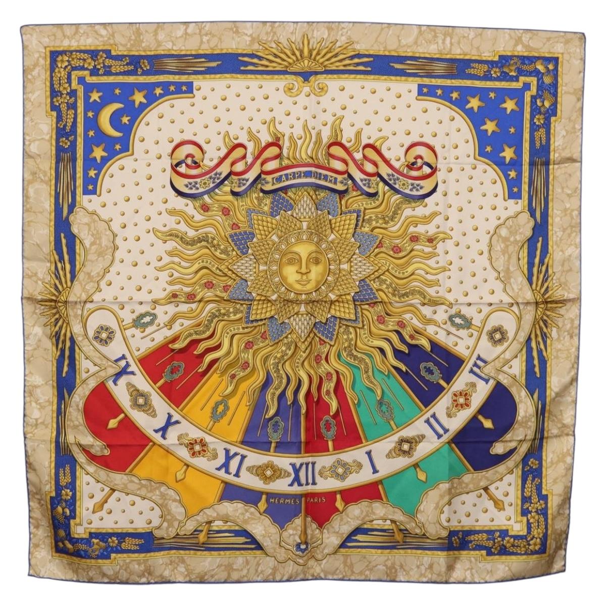 HERMES Carre 90 Scarf ”CARPE DIEM” Silk Blue Auth ki6753