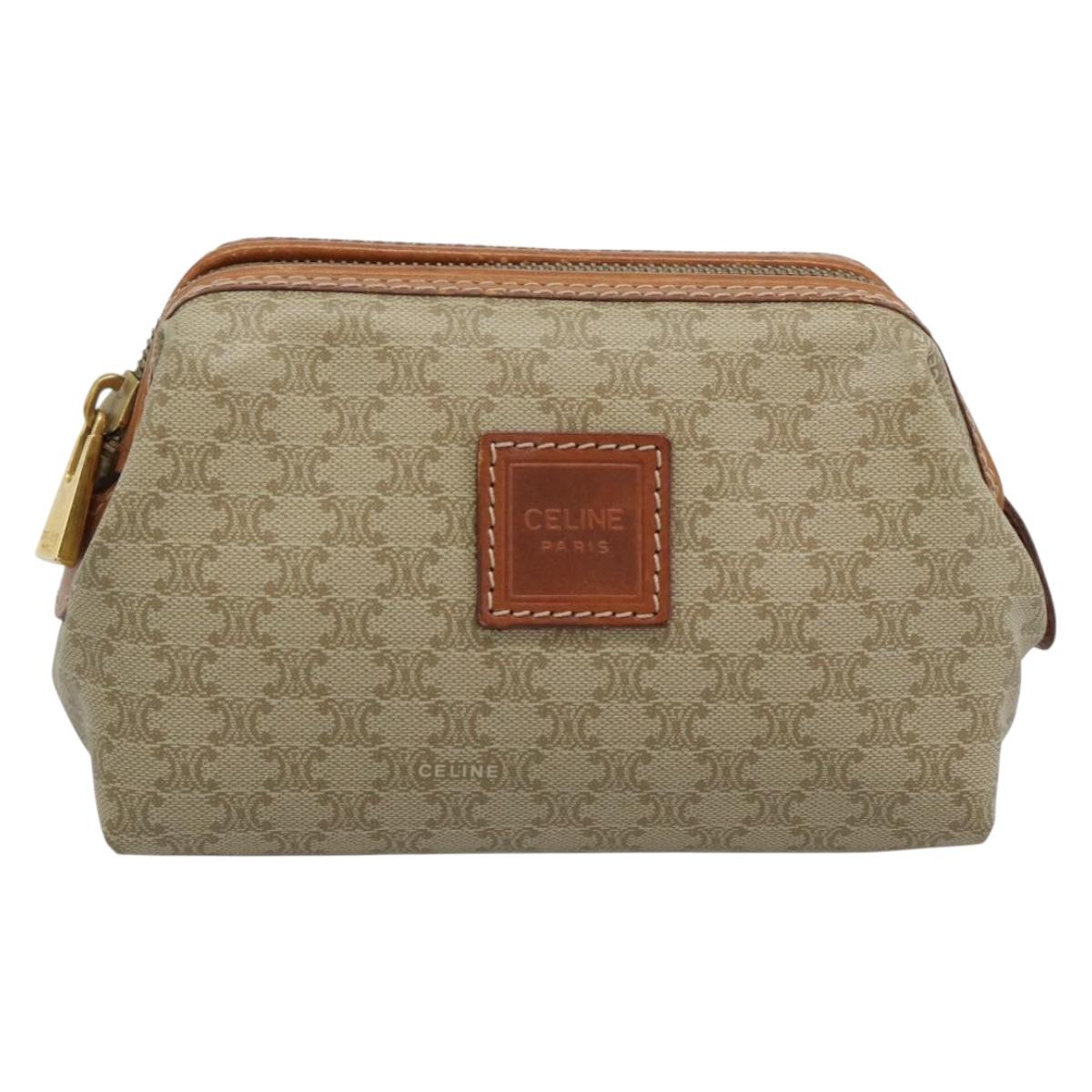 CELINE Macadam Canvas Pouch PVC Beige Gold Auth ki6758