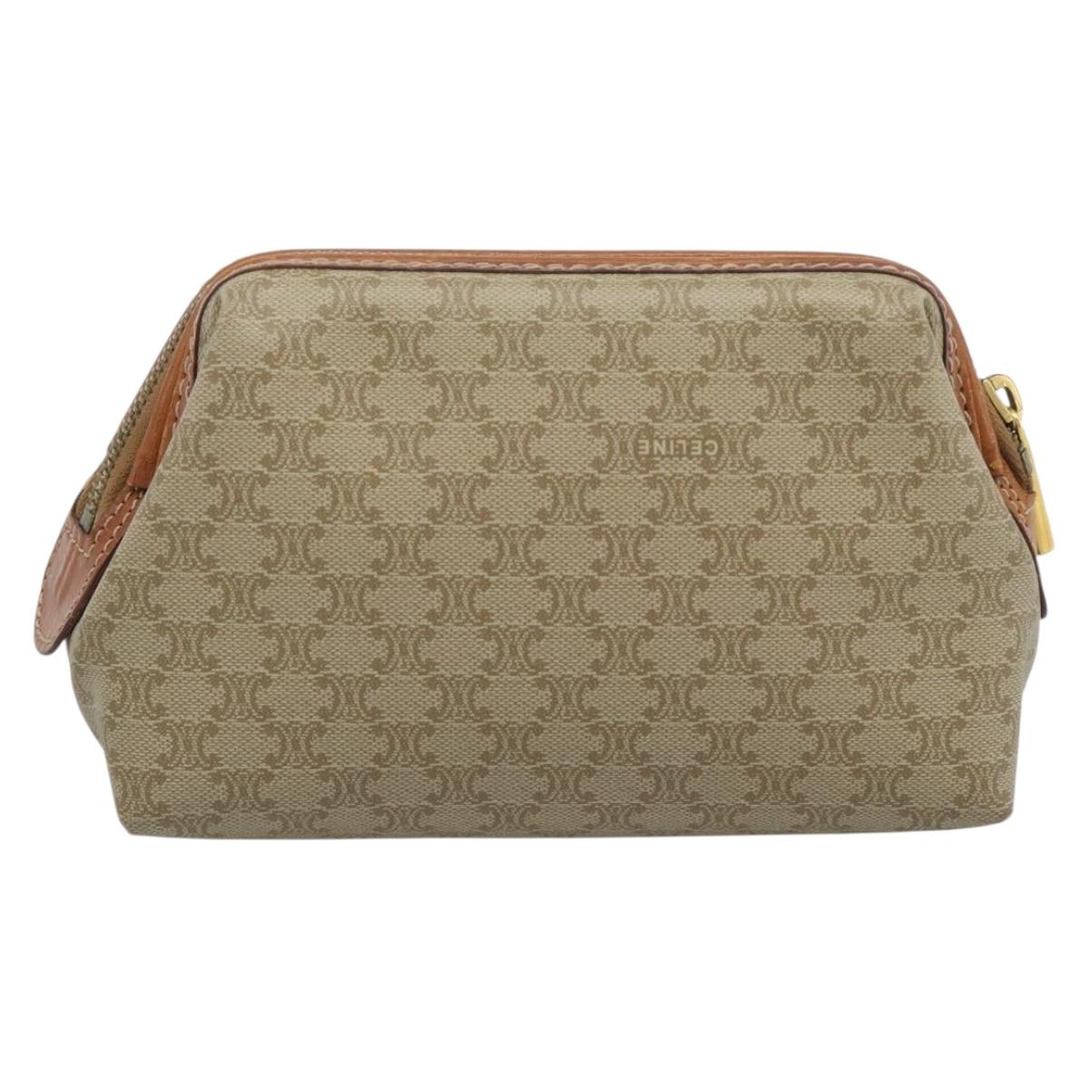CELINE Macadam Canvas Pouch PVC Beige Gold Auth ki6758