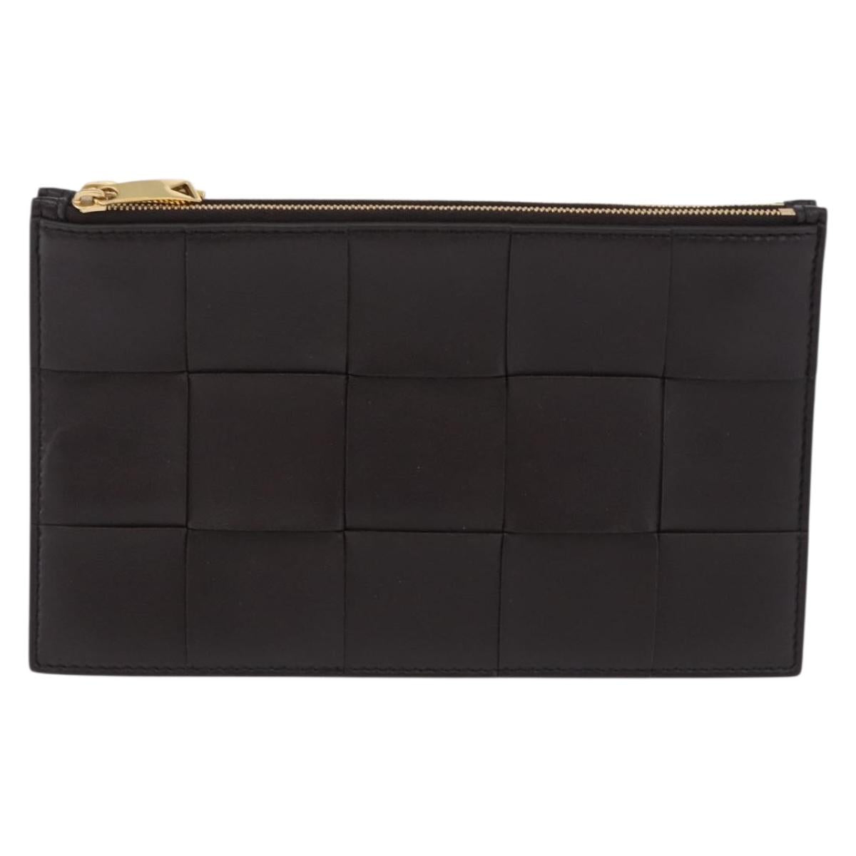 BOTTEGA VENETA MAXI INTRECCIATO Clutch Bag Leather Dark Brown Gold Auth ki6767M