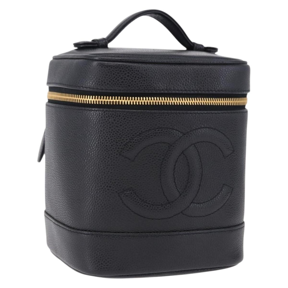 CHANEL COCO Mark Vanity Hand Bag Caviar Skin Black Gold CC Auth ki6768SAV