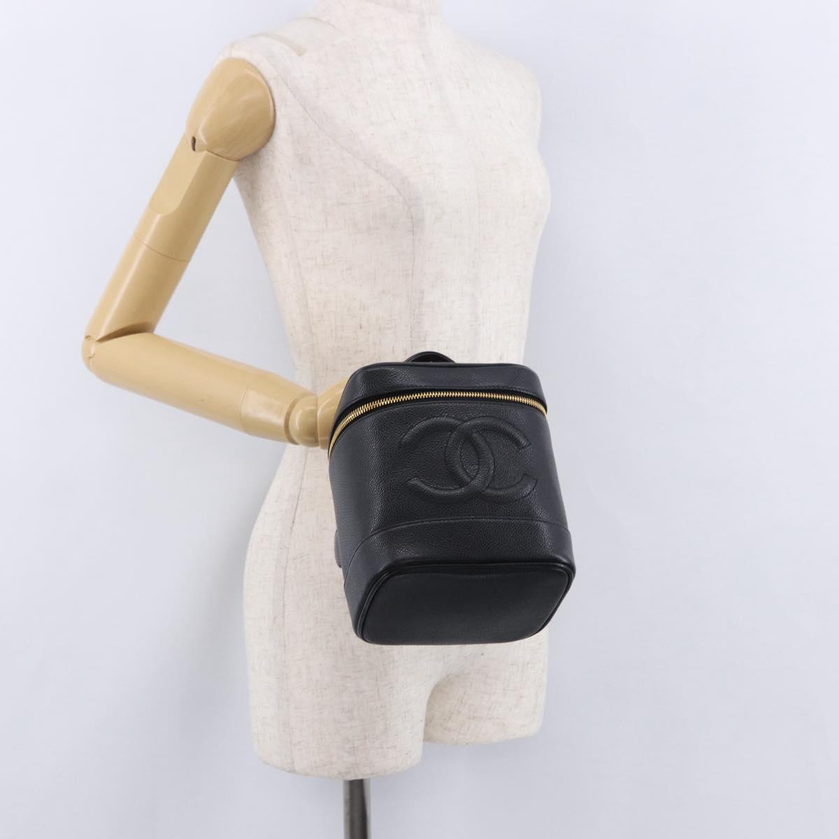 CHANEL COCO Mark Vanity Hand Bag Caviar Skin Black Gold CC Auth ki6768SAV