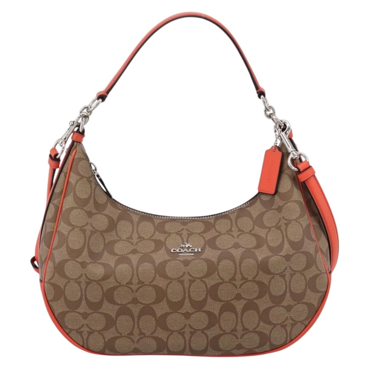 Coach Signature Shoulder Bag PVC 2way Beige Silver Auth ki6777A