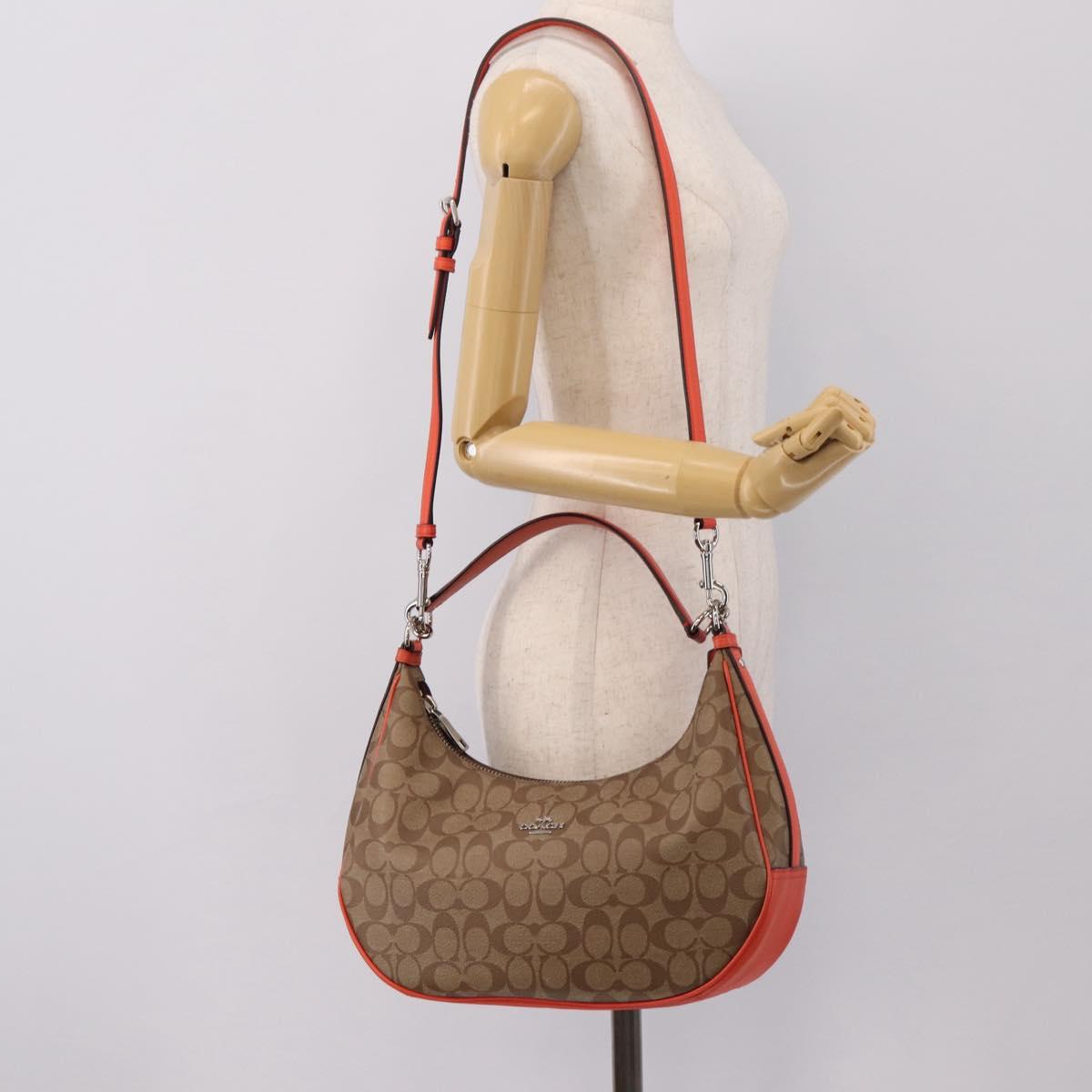 Coach Signature Shoulder Bag PVC 2way Beige Silver Auth ki6777A