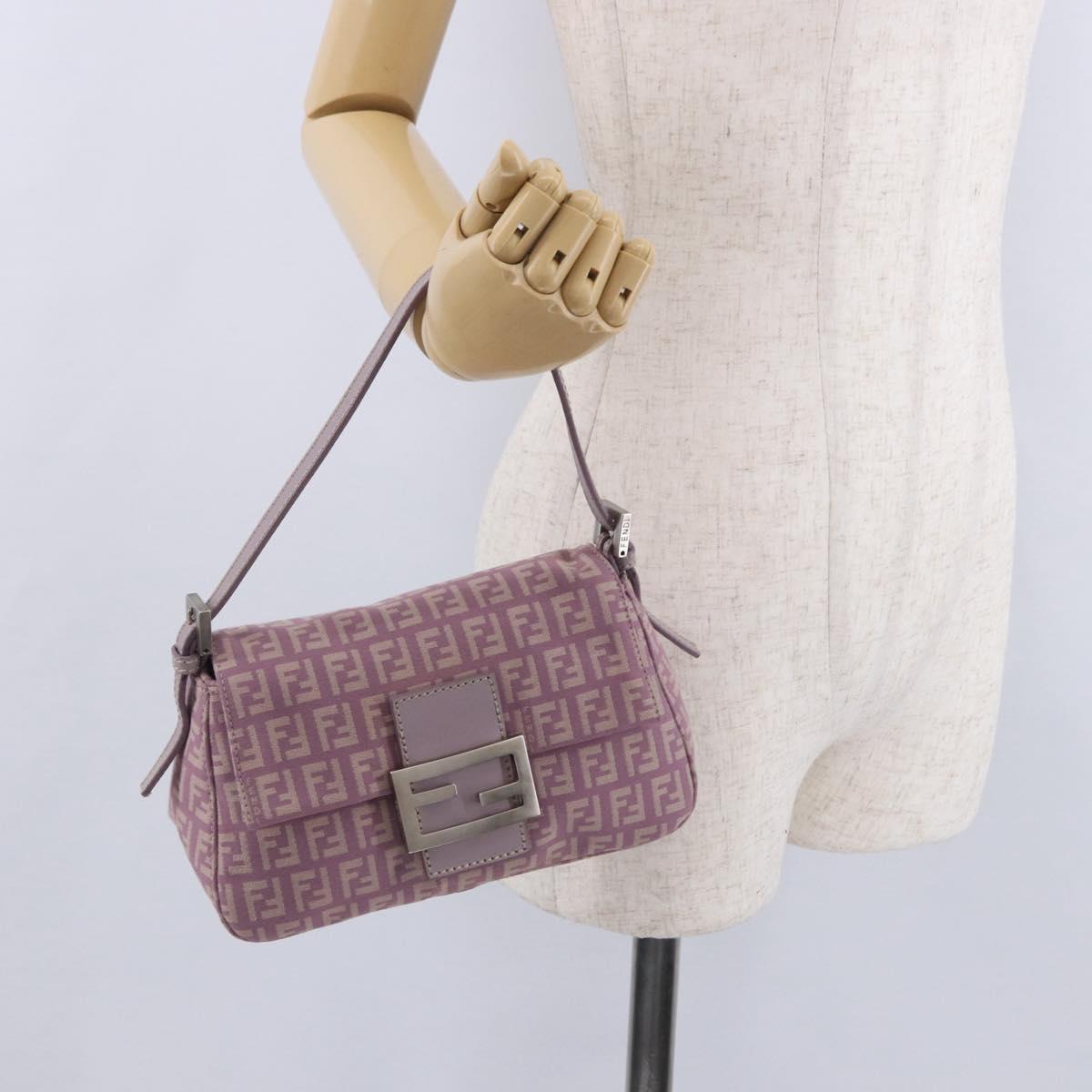 FENDI Zucchino Canvas Mini Mamma Baguette Bag Purple Silver Auth ki6806M