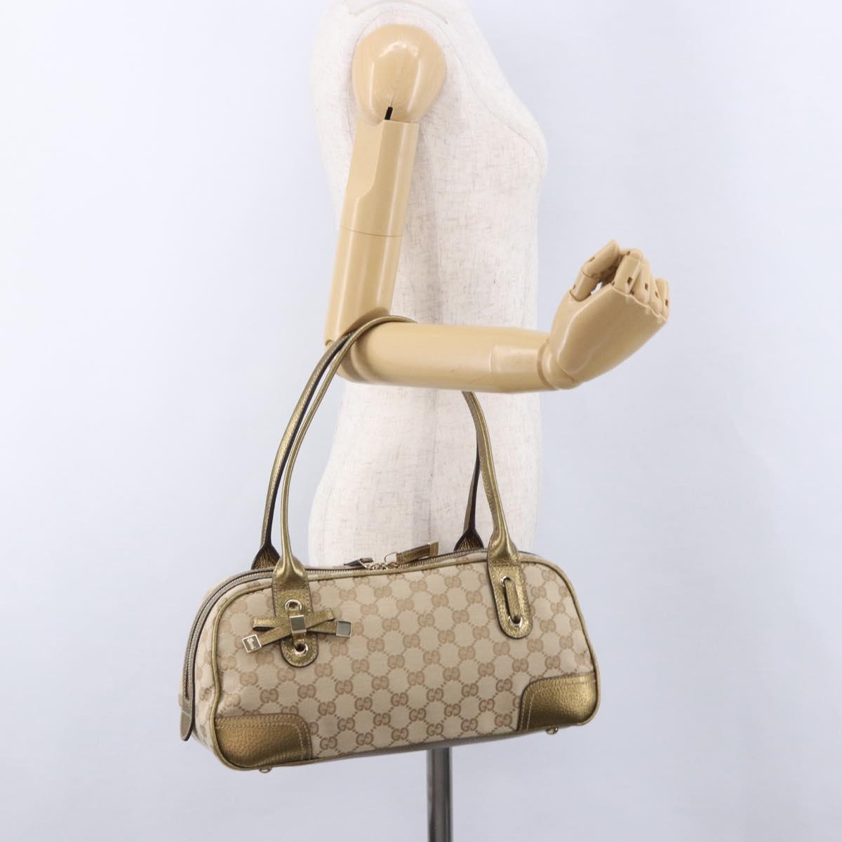 GUCCI GG Canvas Hand Bag Leather Beige Gold 161720 Auth ki6809V
