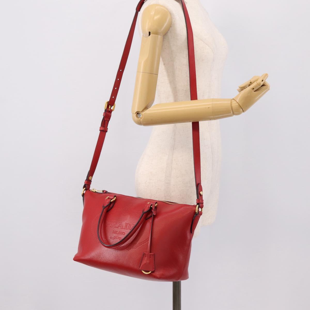 PRADA Hand Bag Leather 2way Red Gold Auth ki6814V
