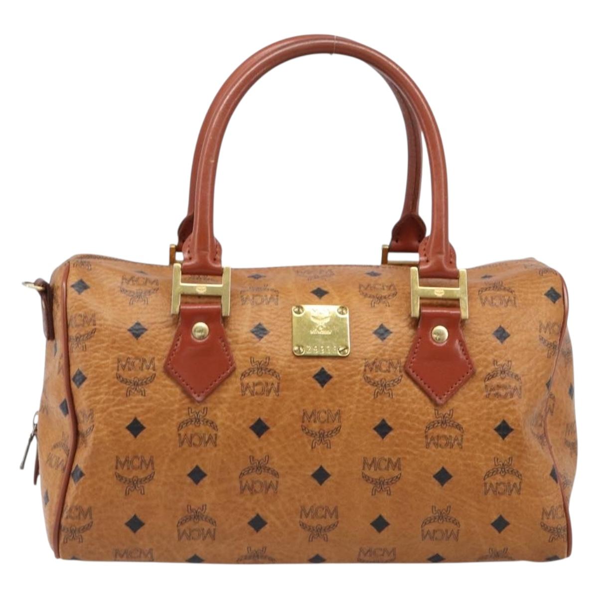 MCM Vicetos Logogram Mini Boston Bag PVC Leather Brown Gold Auth ki6815