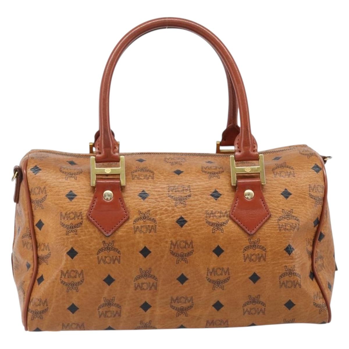 MCM Vicetos Logogram Mini Boston Bag PVC Leather Brown Gold Auth ki6815