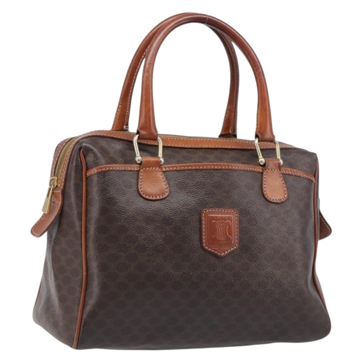 CELINE Macadam Canvas Mini Boston Bag PVC Leather Brown Gold Auth ki6818