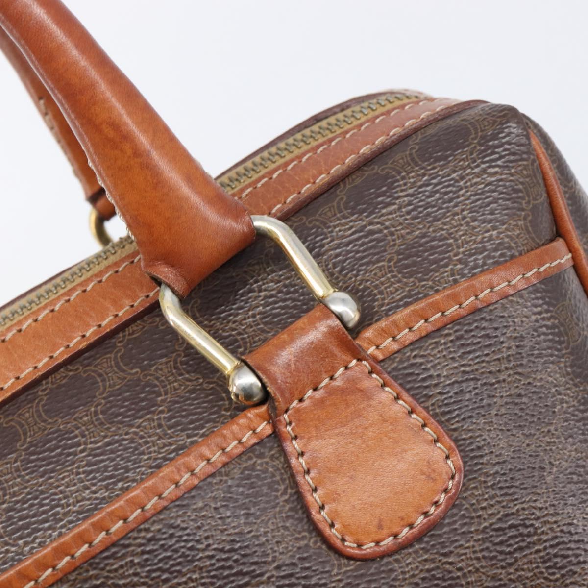 CELINE Macadam Canvas Mini Boston Bag PVC Leather Brown Gold Auth ki6818