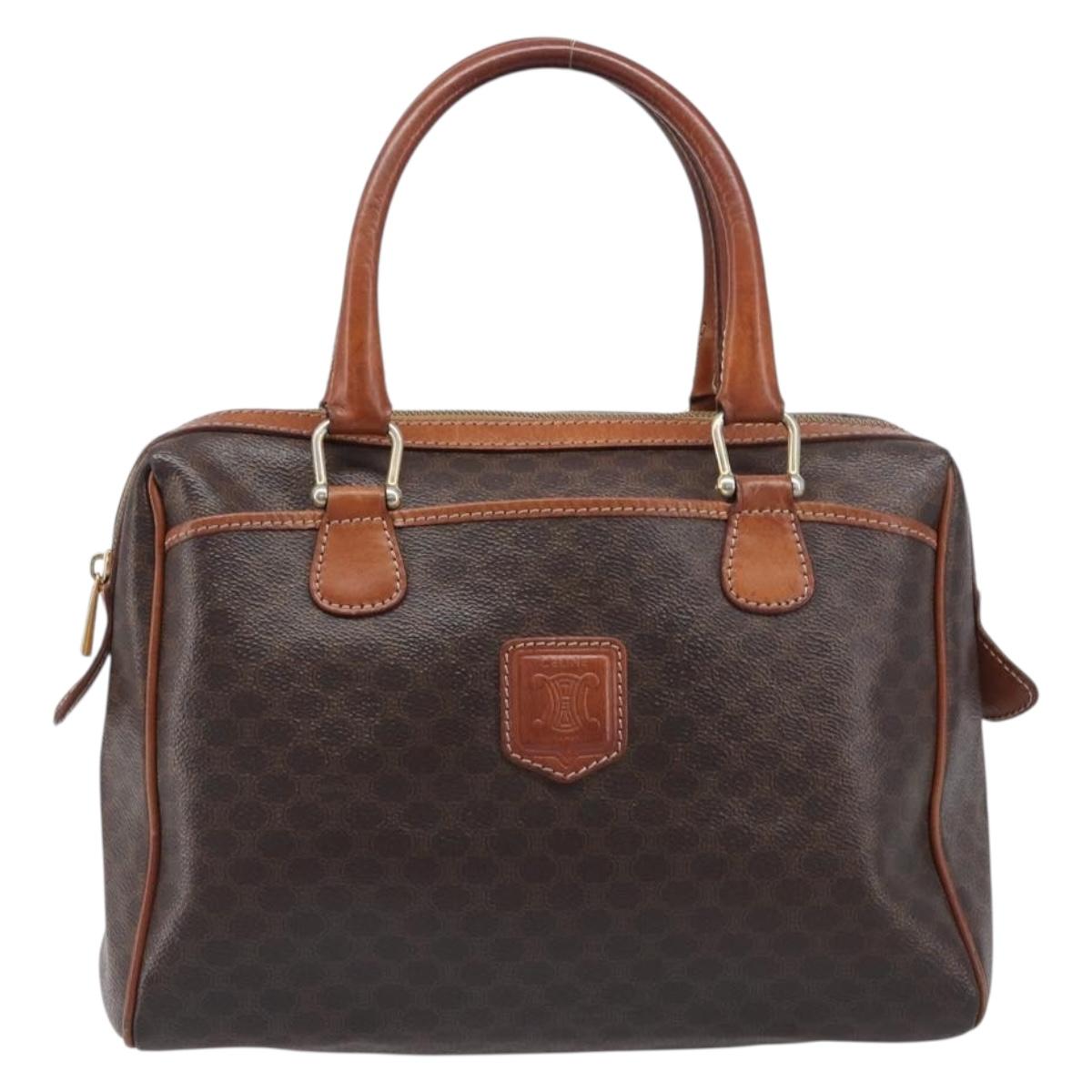 CELINE Macadam Canvas Mini Boston Bag PVC Leather Brown Gold Auth ki6818