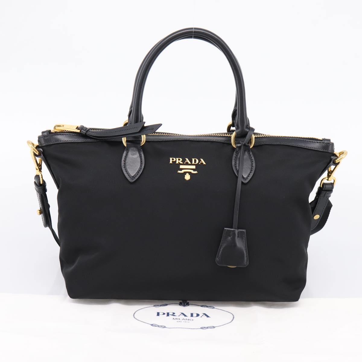 PRADA Hand Bag Nylon Leather 2way Black Gold Auth ki6822V