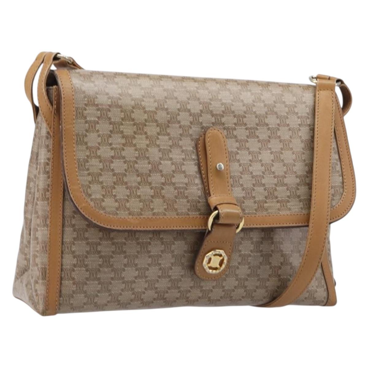 CELINE Macadam Canvas Shoulder Bag PVC Beige Gold Auth ki6828