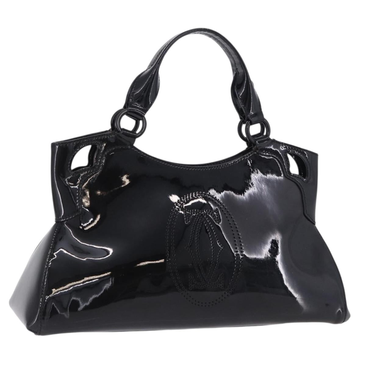CARTIER Hand Bag Patent Leather Black Silver Auth ki6838A