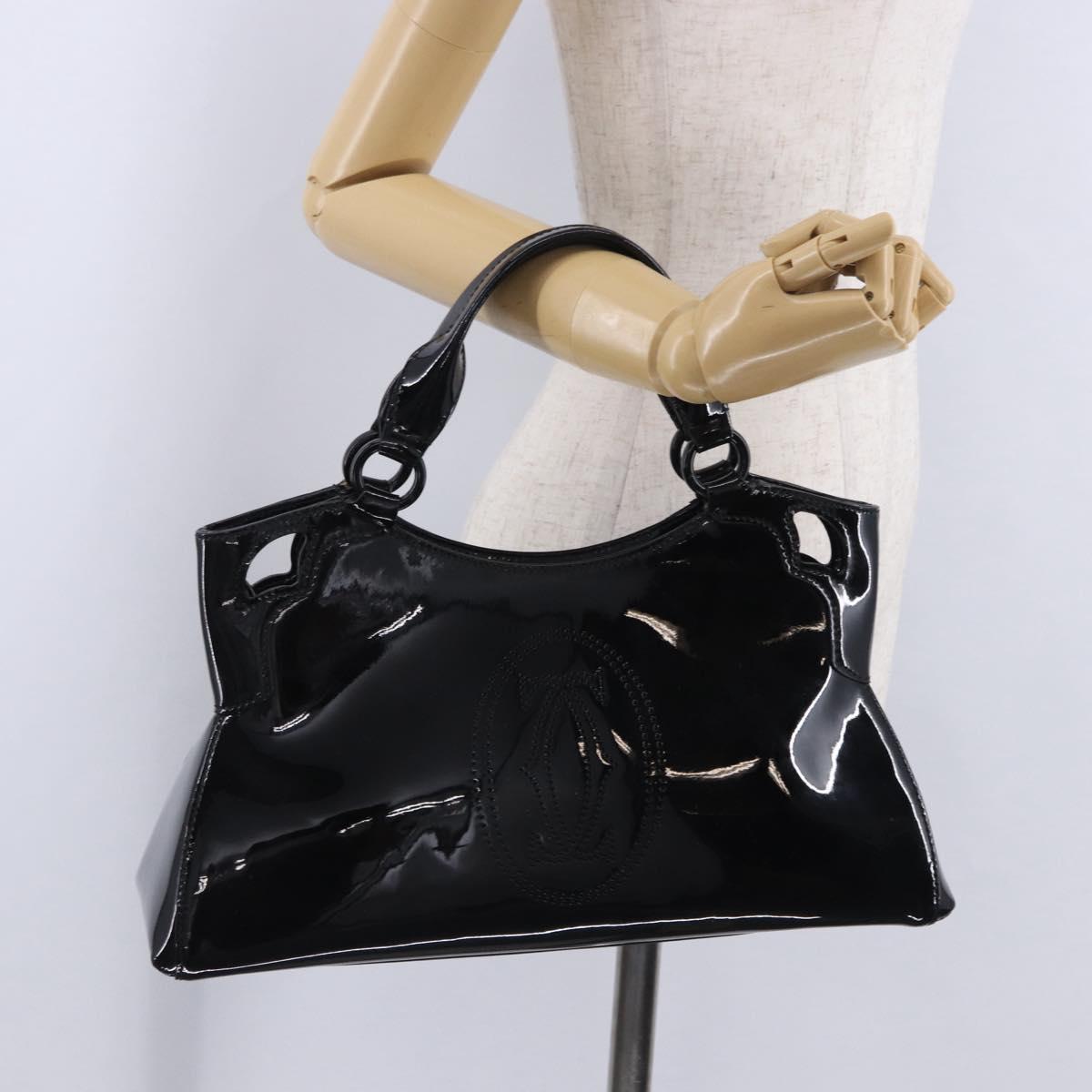 CARTIER Hand Bag Patent Leather Black Silver Auth ki6838A