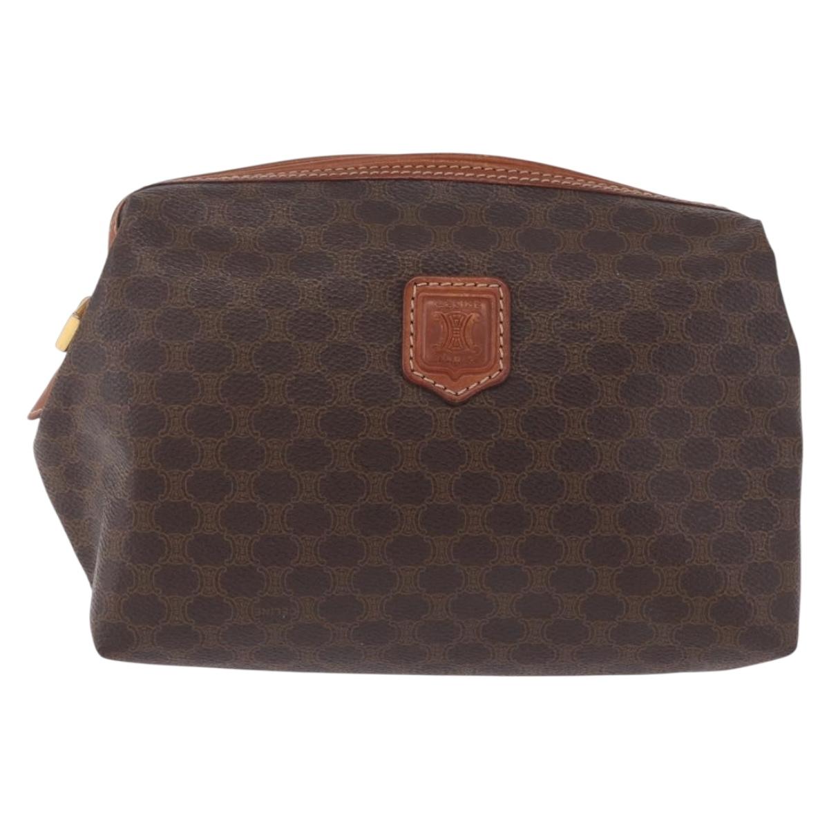 CELINE Macadam Canvas Pouch PVC Leather Brown Gold Auth ki6839