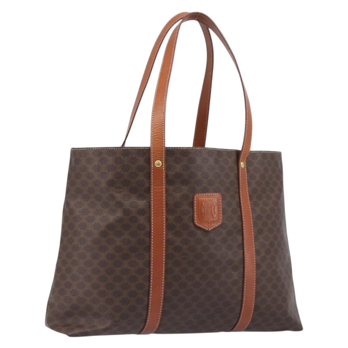 CELINE Macadam Canvas Tote Bag PVC Leather Brown Gold Auth ki6842A