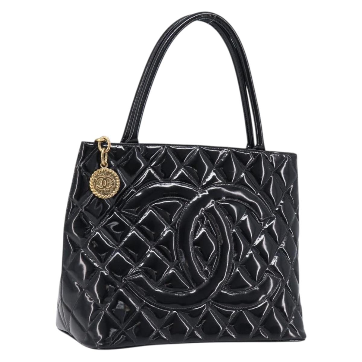 CHANEL COCO Mark Standard Tote Bag Patent Leather Black Gold CC Auth ki6845M