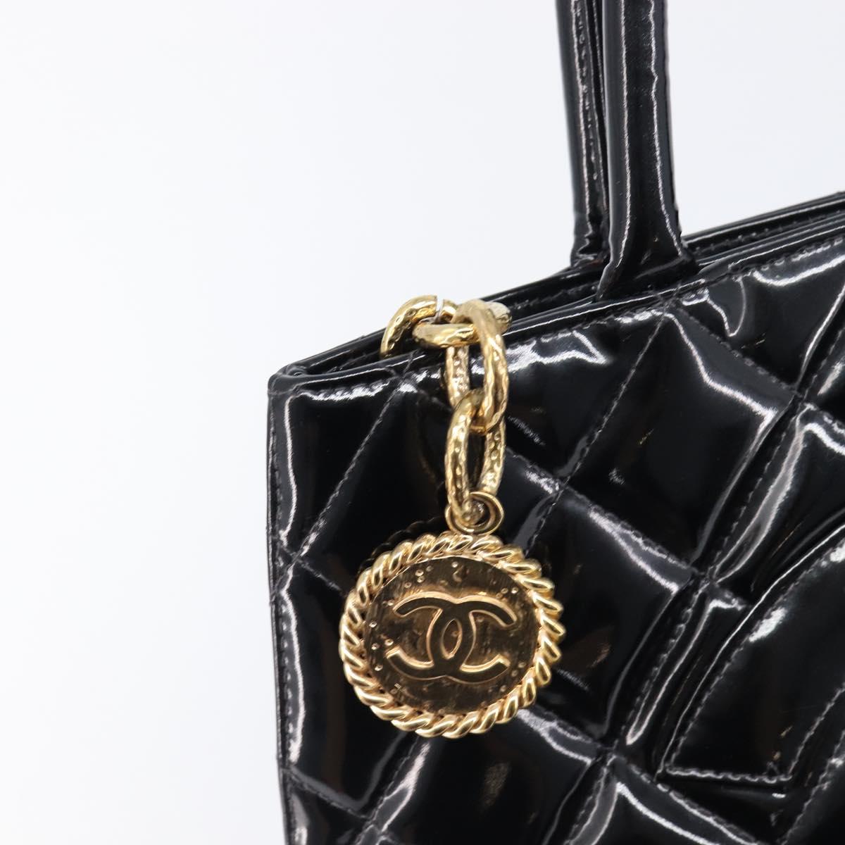 CHANEL COCO Mark Standard Tote Bag Patent Leather Black Gold CC Auth ki6845M