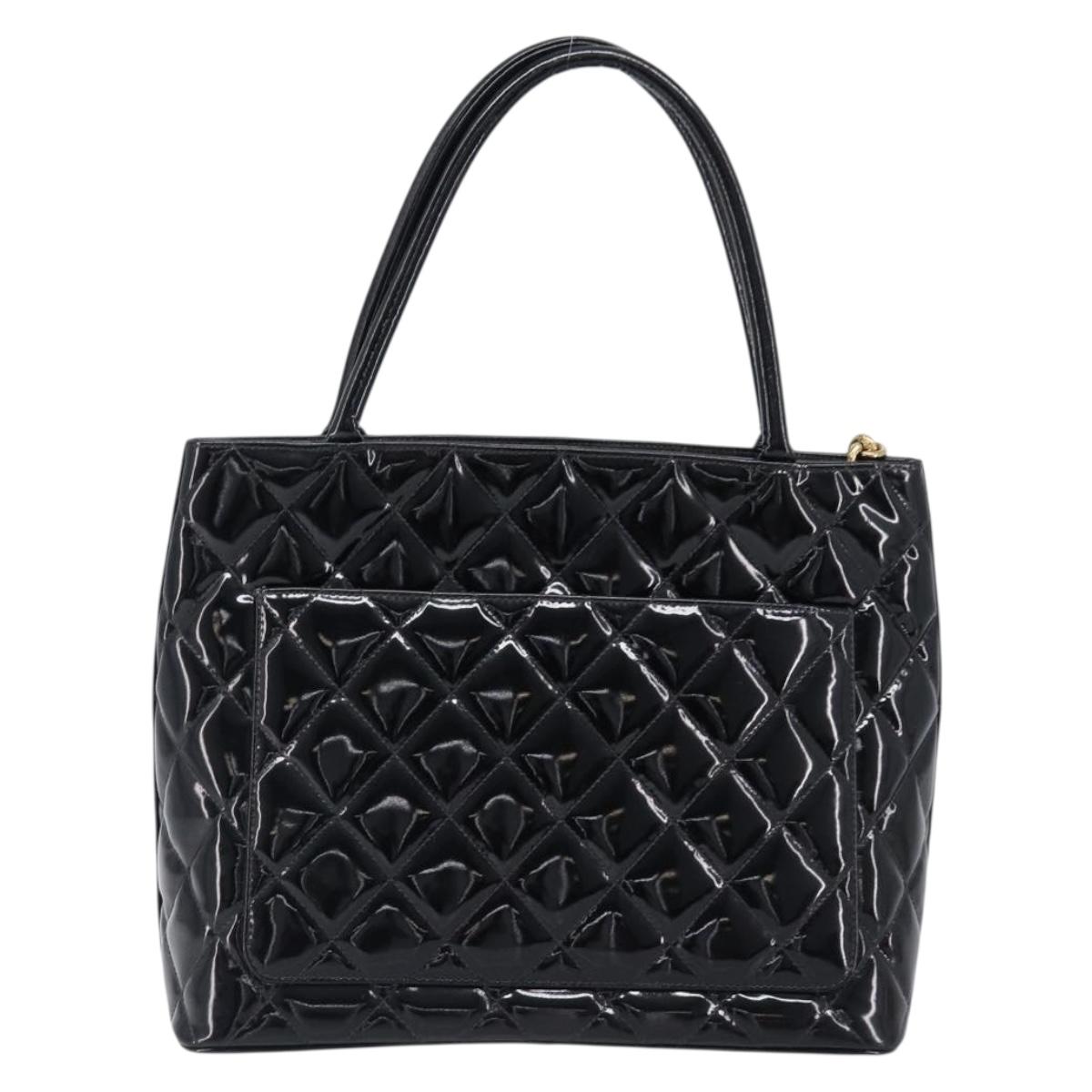 CHANEL COCO Mark Standard Tote Bag Patent Leather Black Gold CC Auth ki6845M