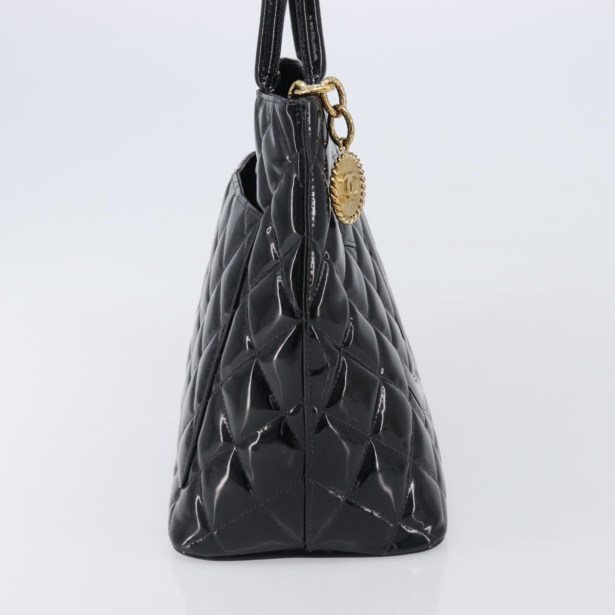 CHANEL COCO Mark Standard Tote Bag Patent Leather Black Gold CC Auth ki6845M
