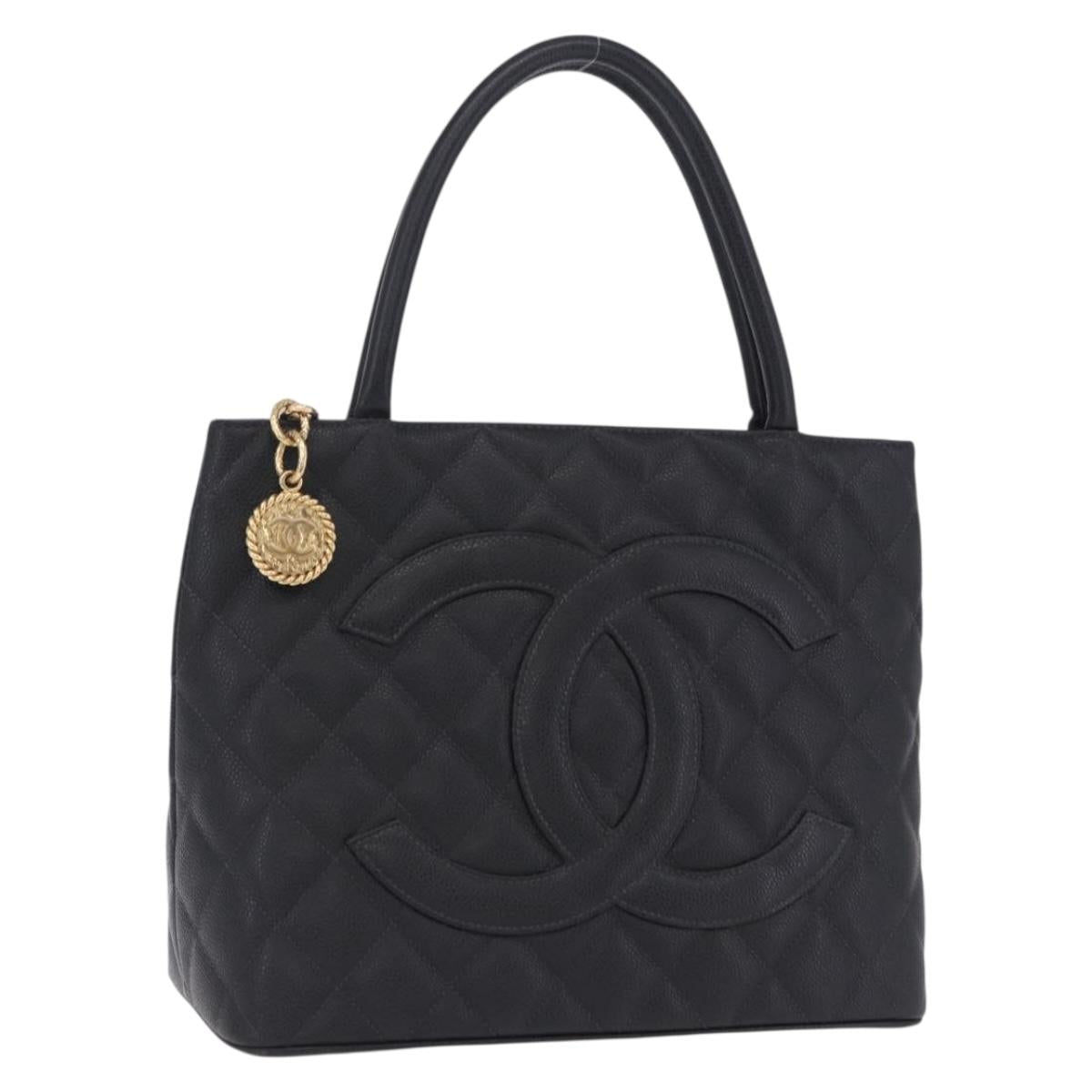 CHANEL COCO Mark Standard Tote Bag Caviar Skin Black Gold CC Auth ki6846M