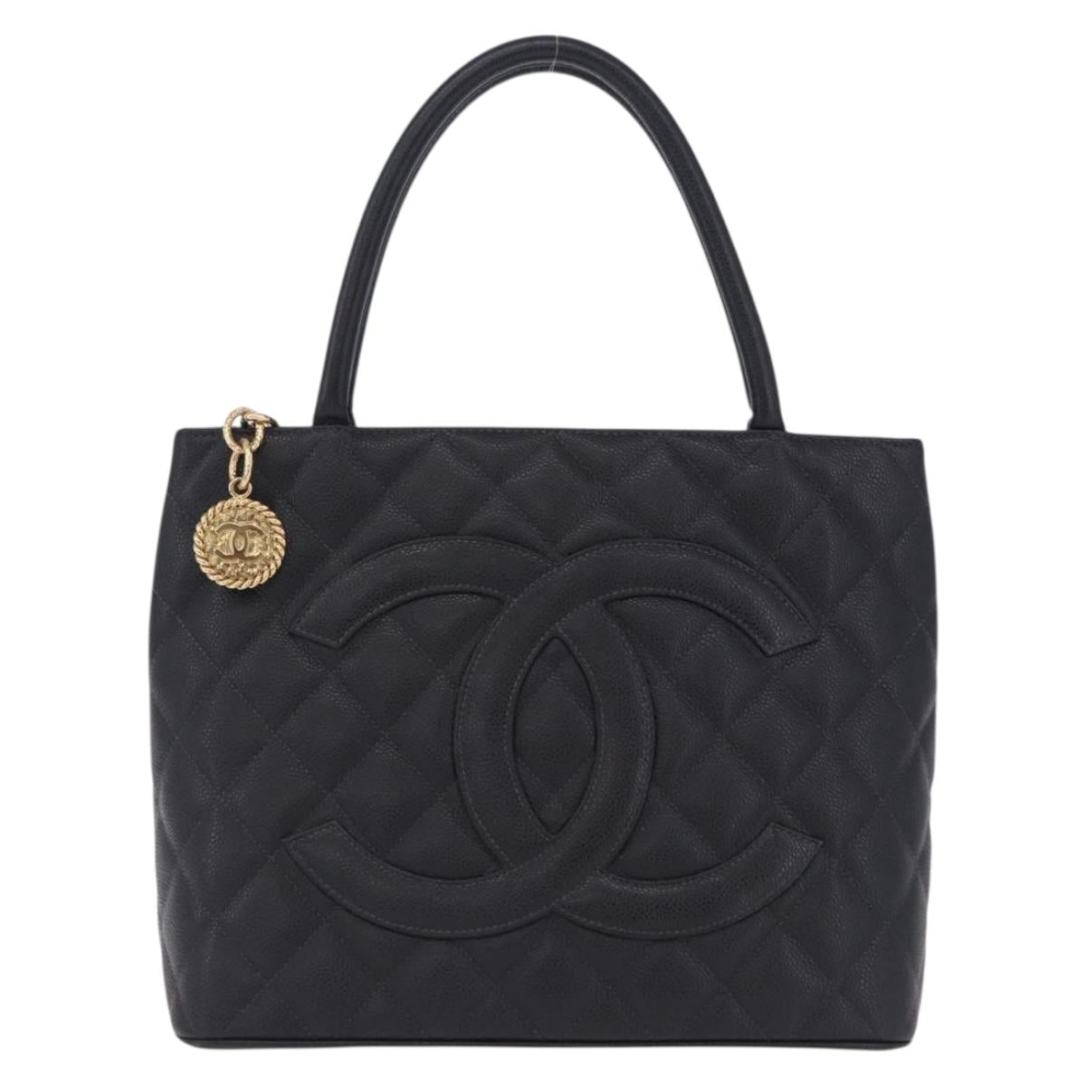 CHANEL COCO Mark Standard Tote Bag Caviar Skin Black Gold CC Auth ki6846M