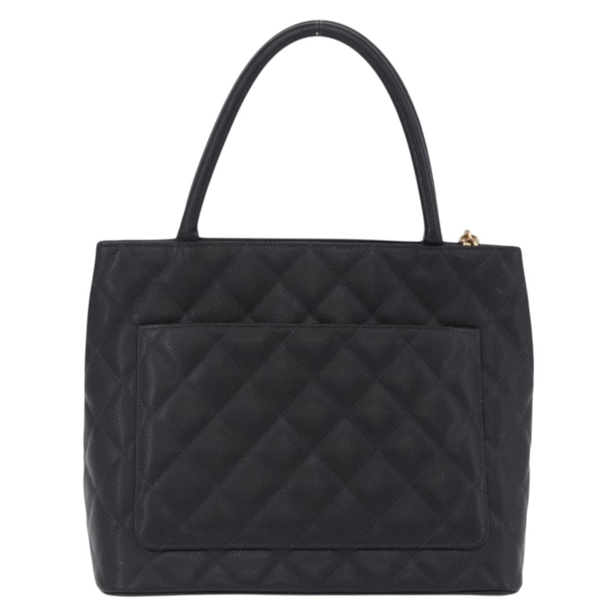 CHANEL COCO Mark Standard Tote Bag Caviar Skin Black Gold CC Auth ki6846M
