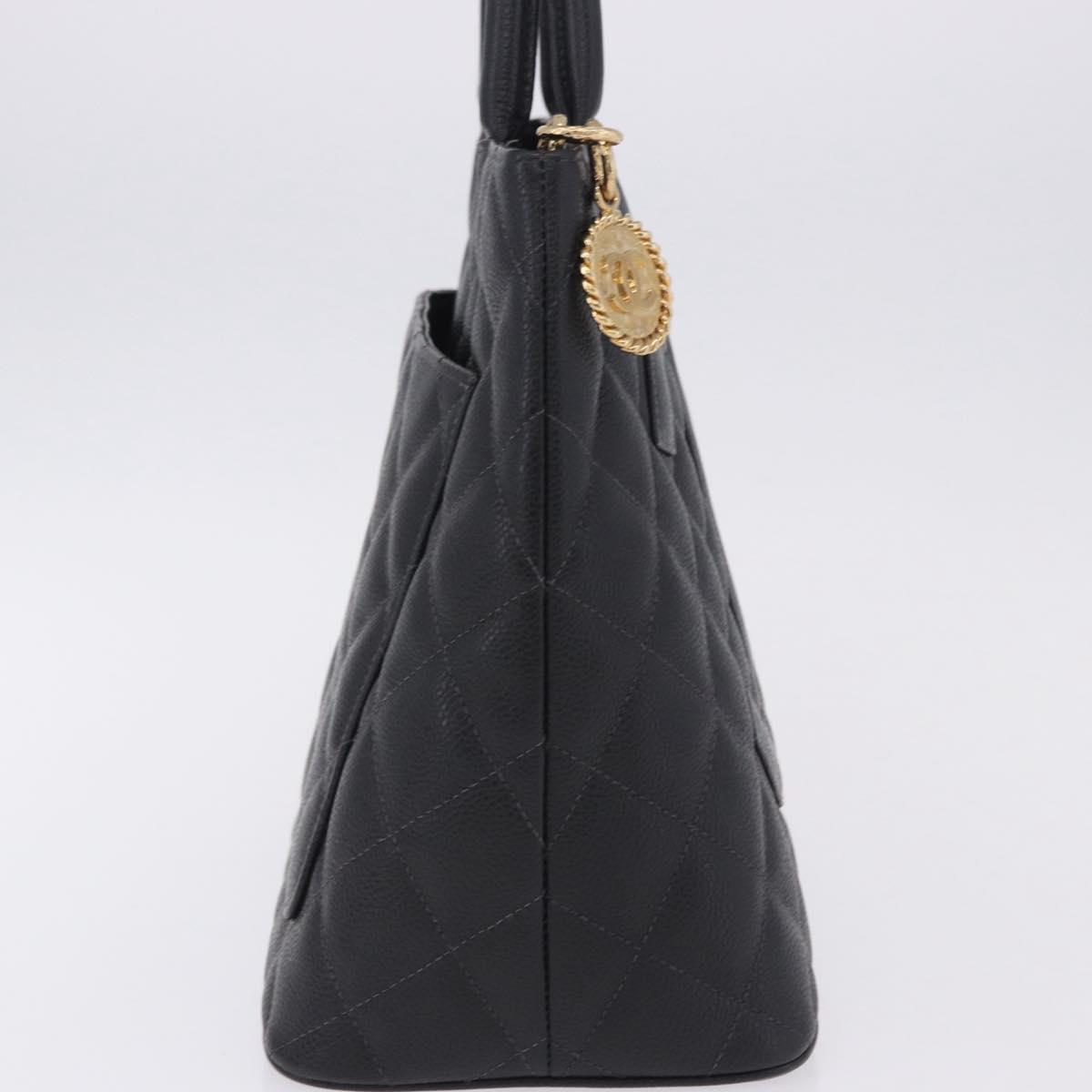 CHANEL COCO Mark Standard Tote Bag Caviar Skin Black Gold CC Auth ki6846M