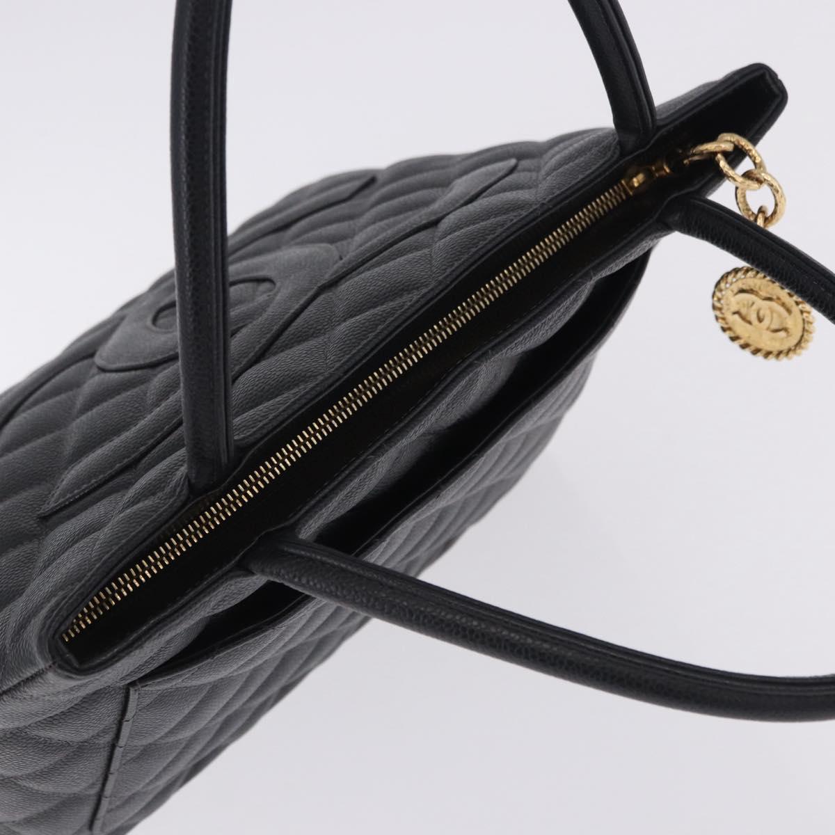 CHANEL COCO Mark Standard Tote Bag Caviar Skin Black Gold CC Auth ki6846M