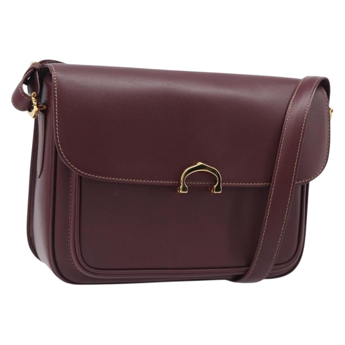 CARTIER Shoulder Bag Leather Bordeaux Gold Auth ki6853V