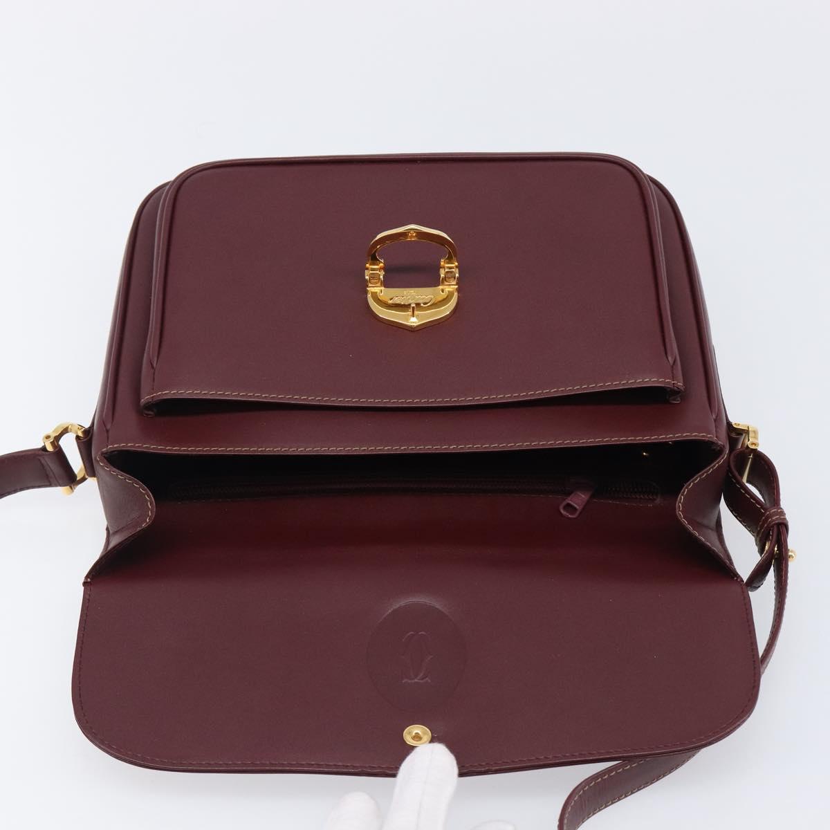 CARTIER Shoulder Bag Leather Bordeaux Gold Auth ki6853V