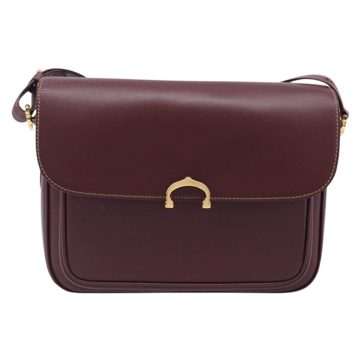 CARTIER Shoulder Bag Leather Bordeaux Gold Auth ki6853V