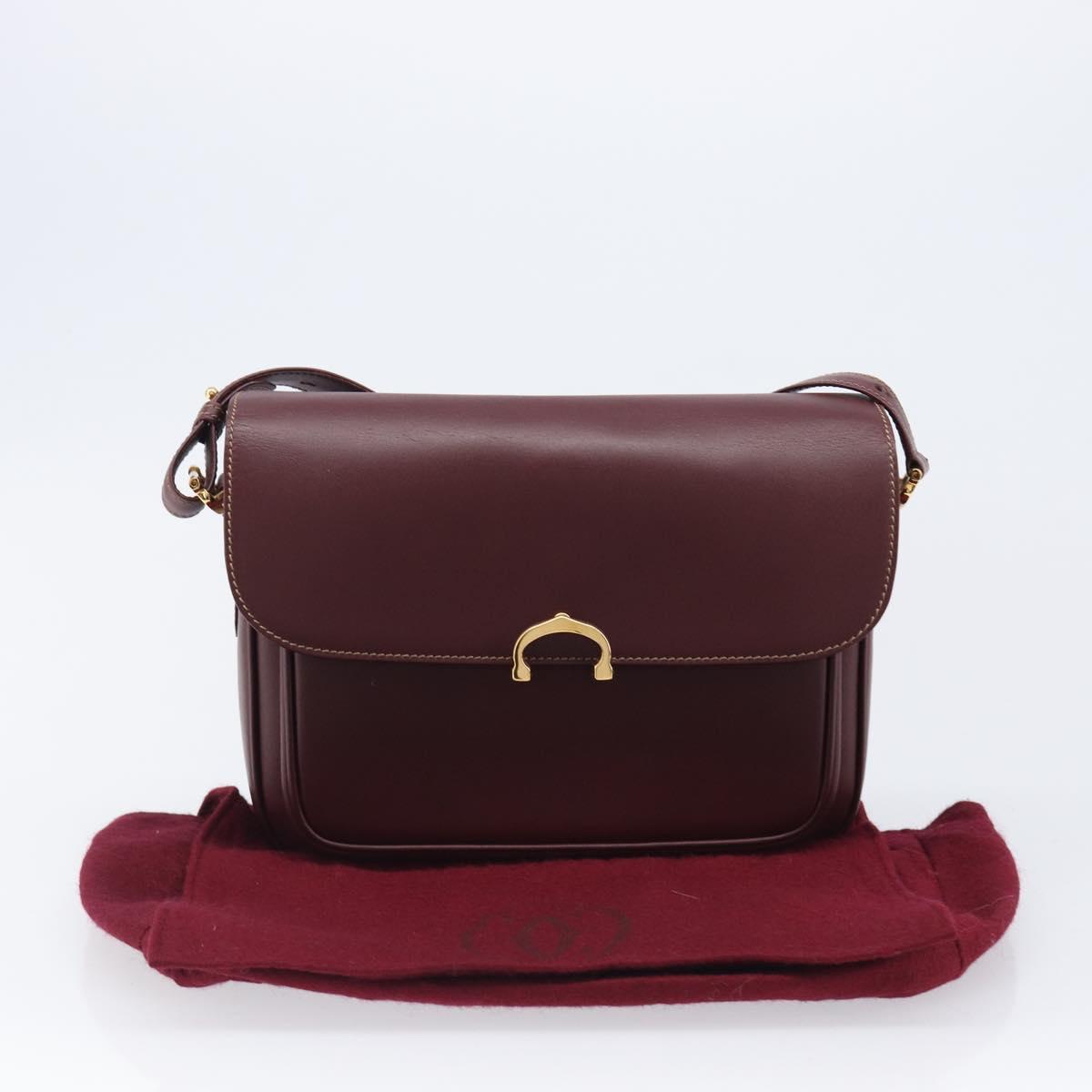 CARTIER Shoulder Bag Leather Bordeaux Gold Auth ki6853V