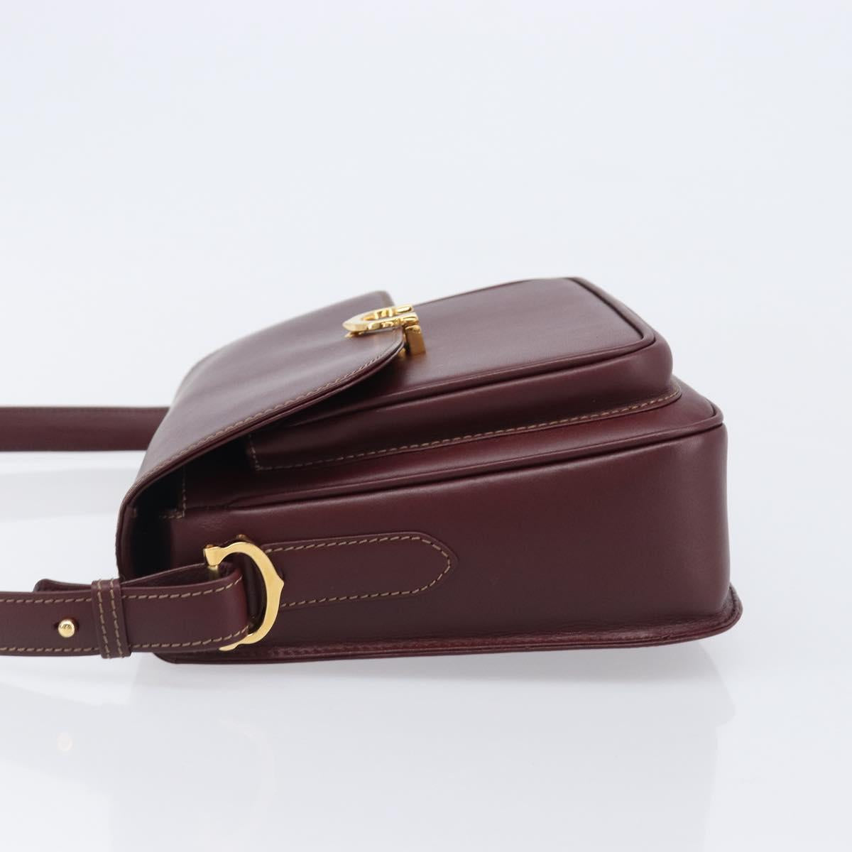 CARTIER Shoulder Bag Leather Bordeaux Gold Auth ki6853V