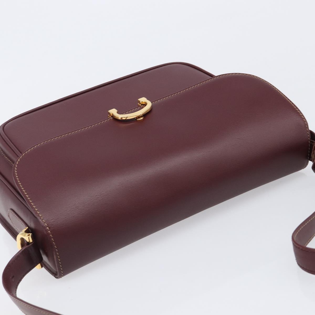 CARTIER Shoulder Bag Leather Bordeaux Gold Auth ki6853V