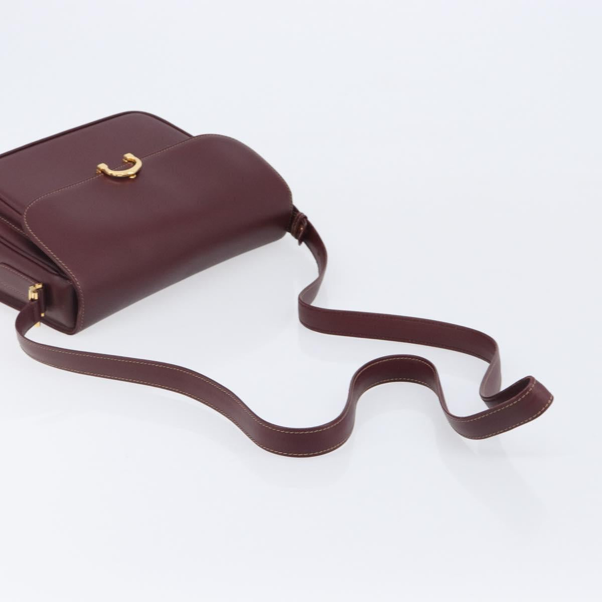 CARTIER Shoulder Bag Leather Bordeaux Gold Auth ki6853V