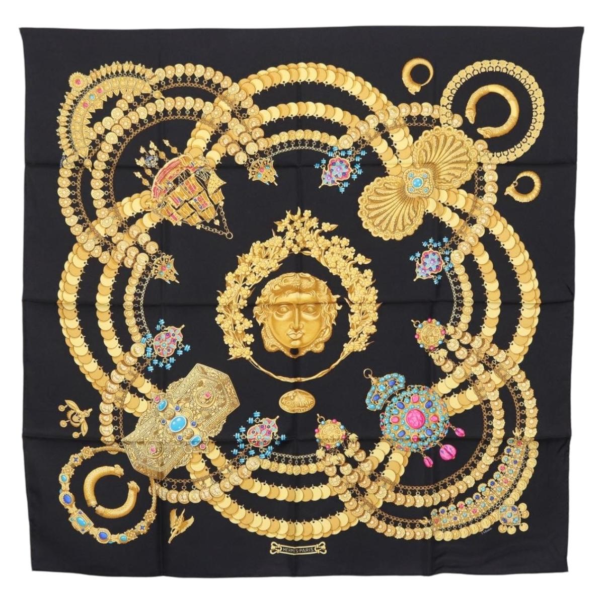 HERMES Carre 90 Scarf Silk ""KOSMIMA"" Black Auth ki6856