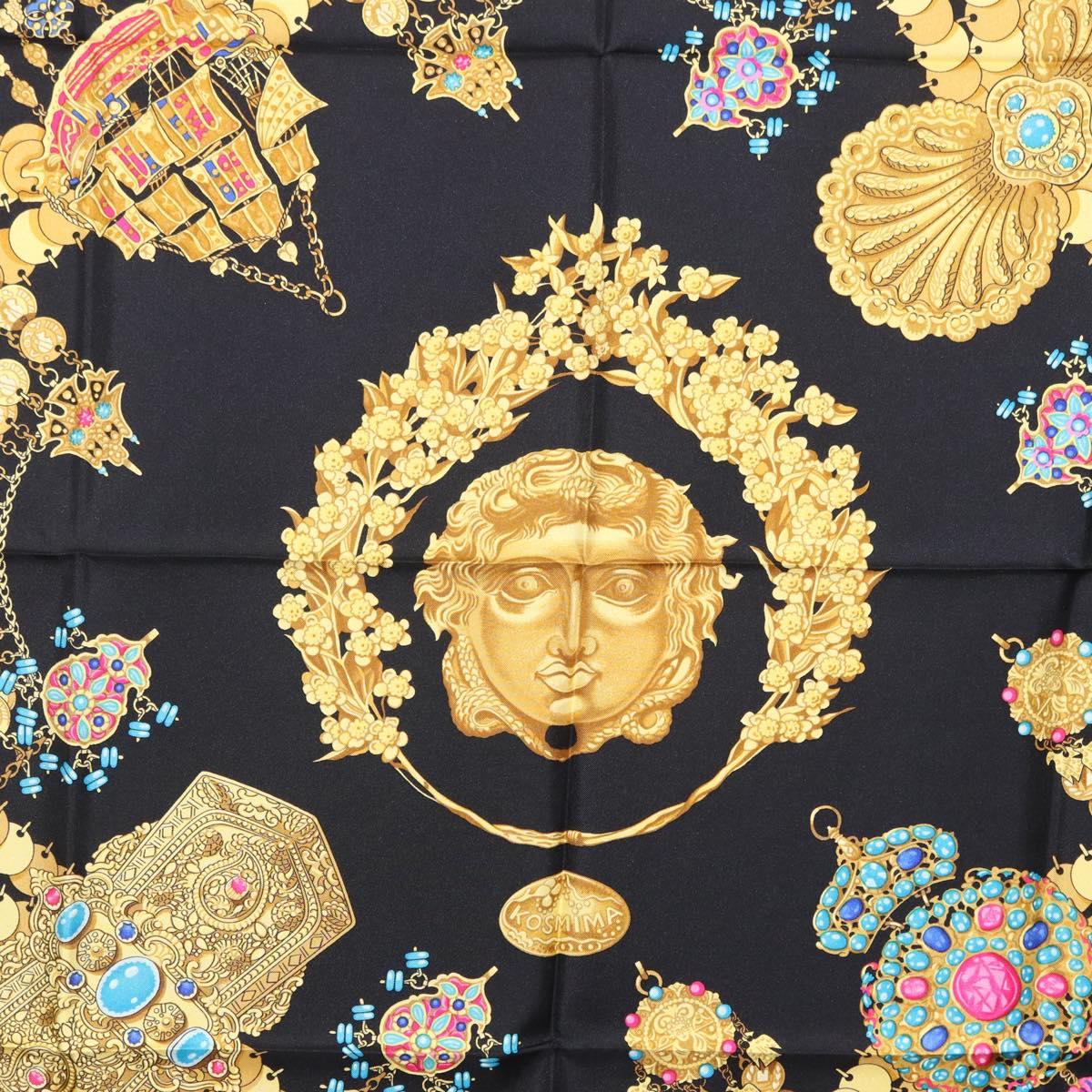 HERMES Carre 90 Scarf Silk ""KOSMIMA"" Black Auth ki6856