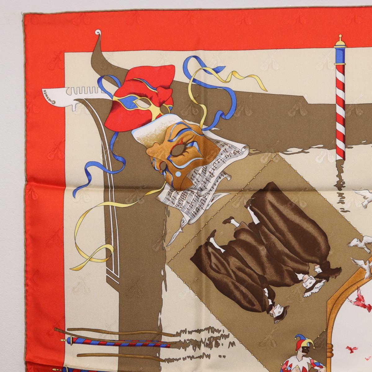 HERMES Carre 90 Scarf Silk ""LE CARNAVAL DE VENISE"" Red Auth ki6857