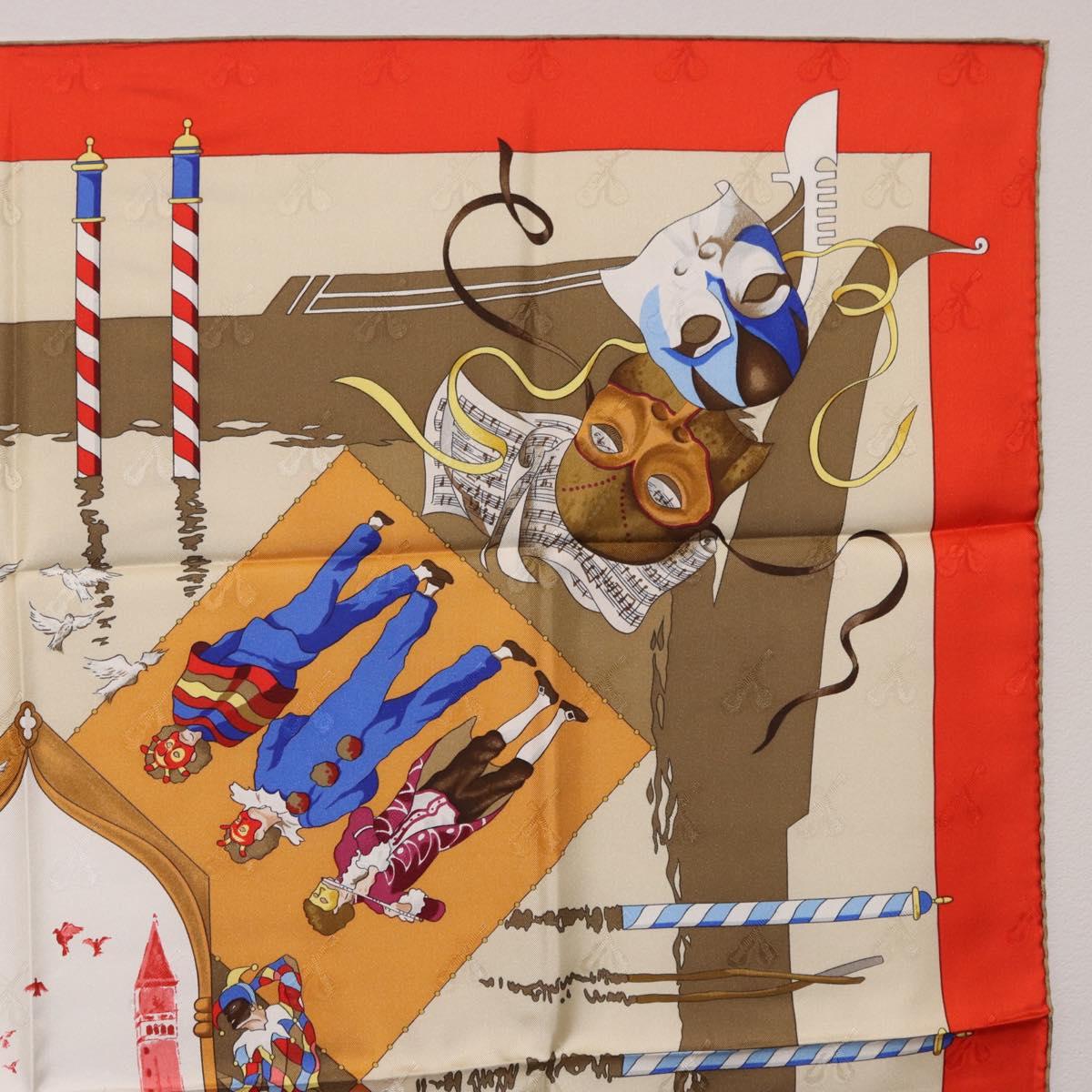 HERMES Carre 90 Scarf Silk ""LE CARNAVAL DE VENISE"" Red Auth ki6857