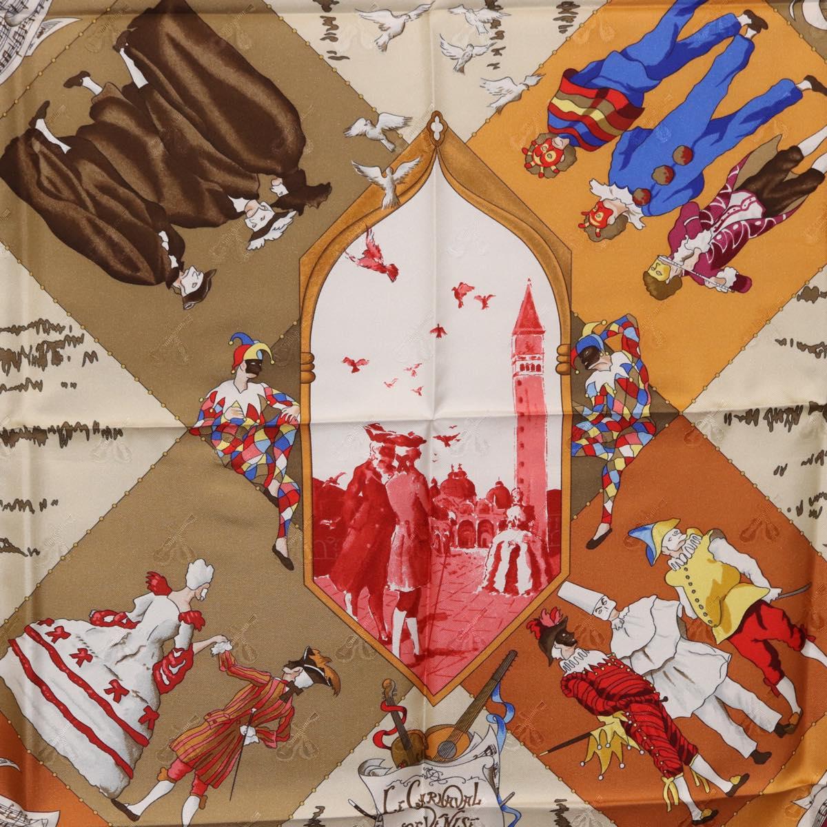 HERMES Carre 90 Scarf Silk ""LE CARNAVAL DE VENISE"" Red Auth ki6857