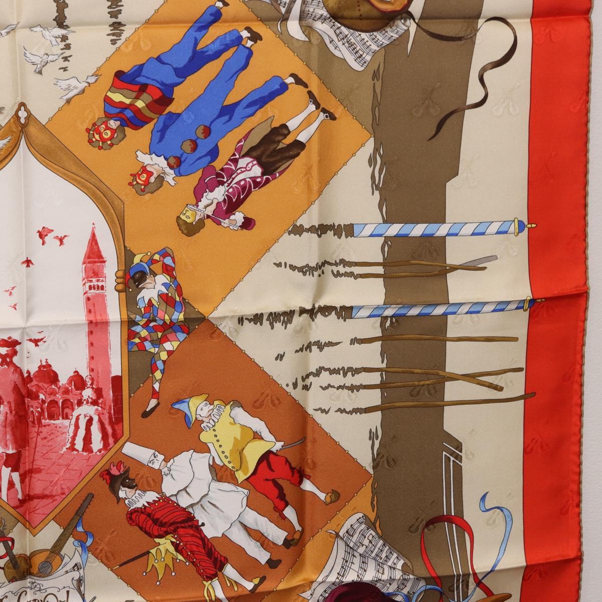 HERMES Carre 90 Scarf Silk ""LE CARNAVAL DE VENISE"" Red Auth ki6857