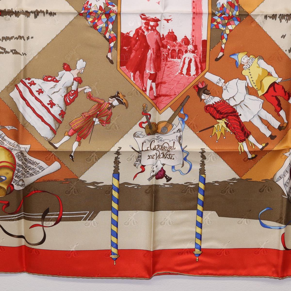 HERMES Carre 90 Scarf Silk ""LE CARNAVAL DE VENISE"" Red Auth ki6857