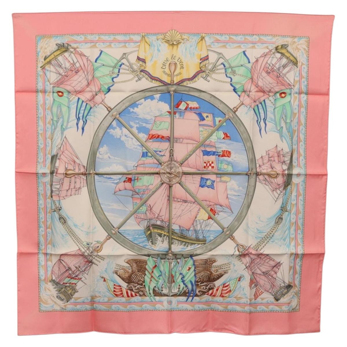 HERMES Carre 90 Scarf Silk ""vive le vent"" Pink Auth ki6861