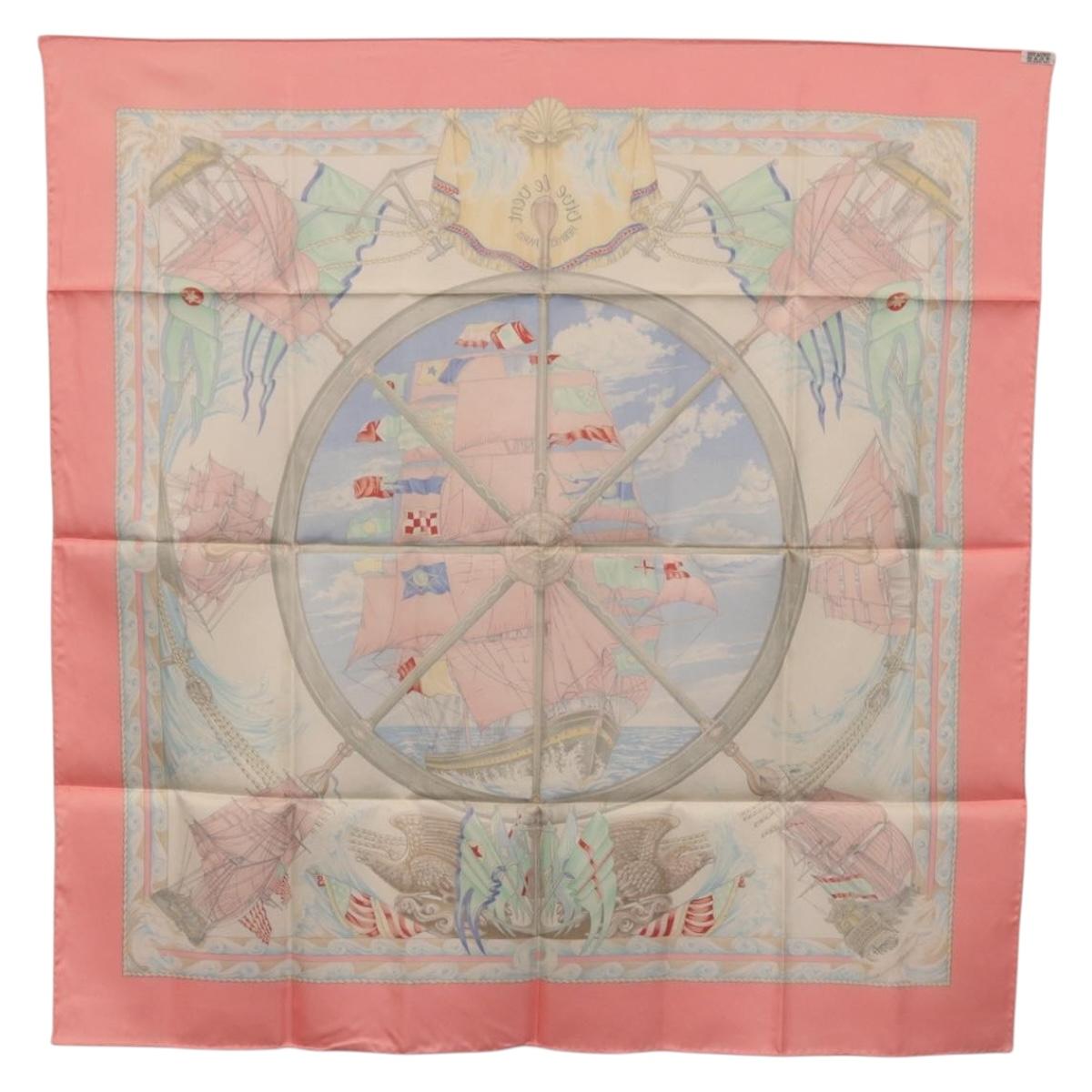 HERMES Carre 90 Scarf Silk ""vive le vent"" Pink Auth ki6861