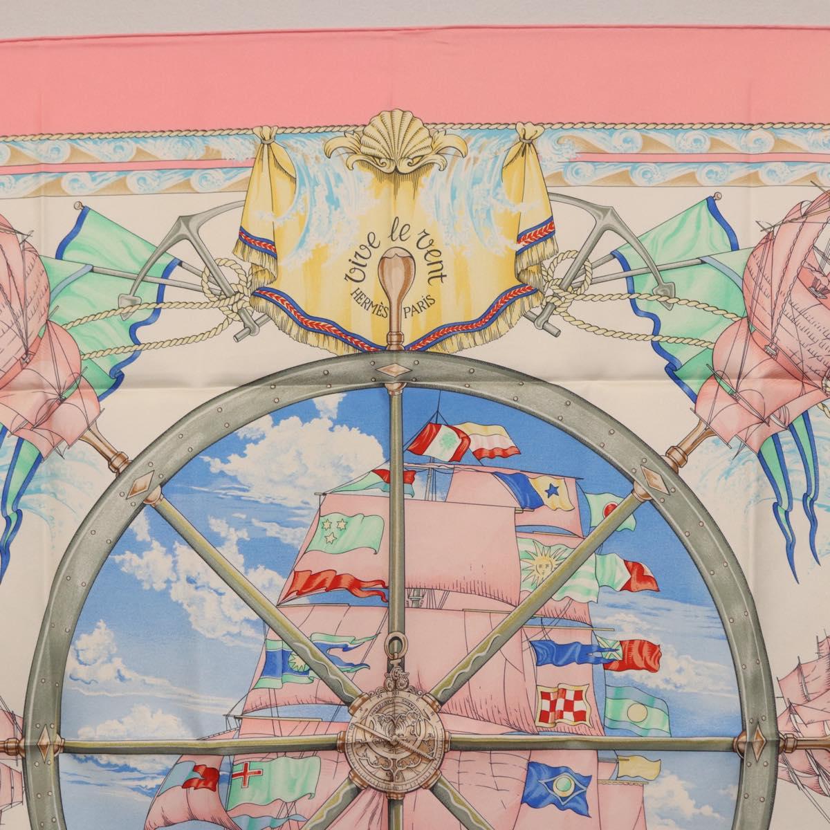 HERMES Carre 90 Scarf Silk ""vive le vent"" Pink Auth ki6861