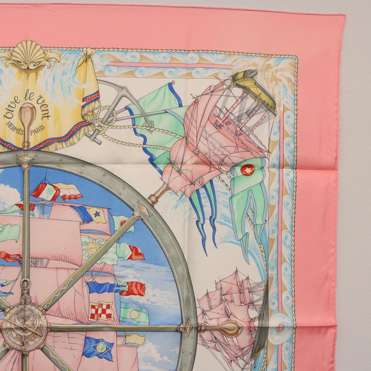 HERMES Carre 90 Scarf Silk ""vive le vent"" Pink Auth ki6861
