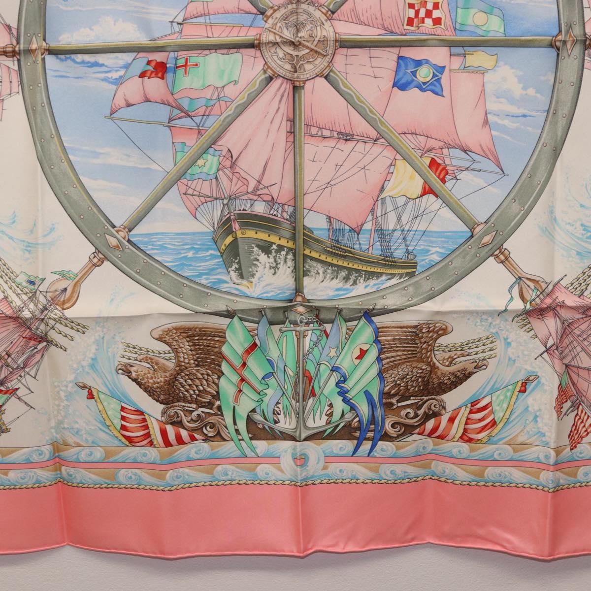 HERMES Carre 90 Scarf Silk ""vive le vent"" Pink Auth ki6861
